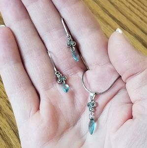 Aquamarine SS earrings pendant chain set